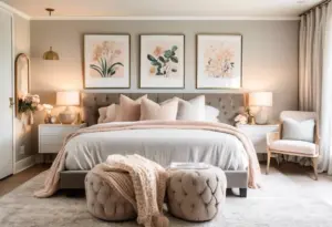 Quarto de casal decorado com quadros