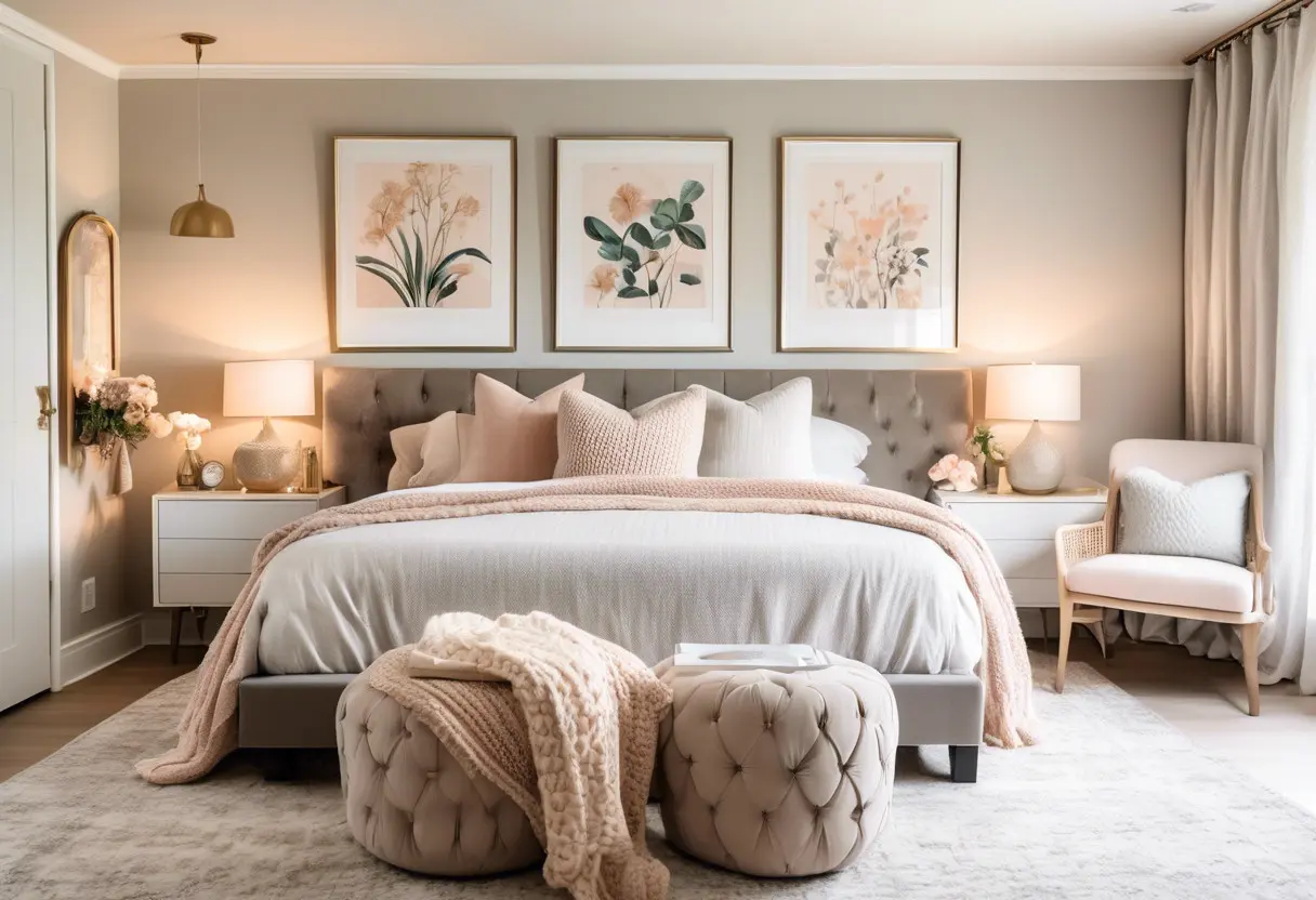 Quarto de casal decorado com quadros