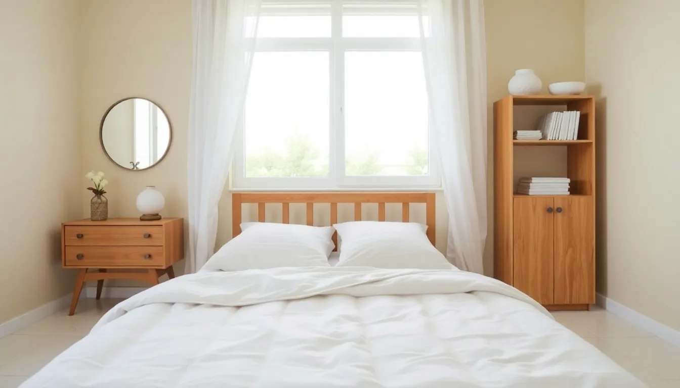 Exemplo de um quarto de casal funcional e esteticamente agradável.