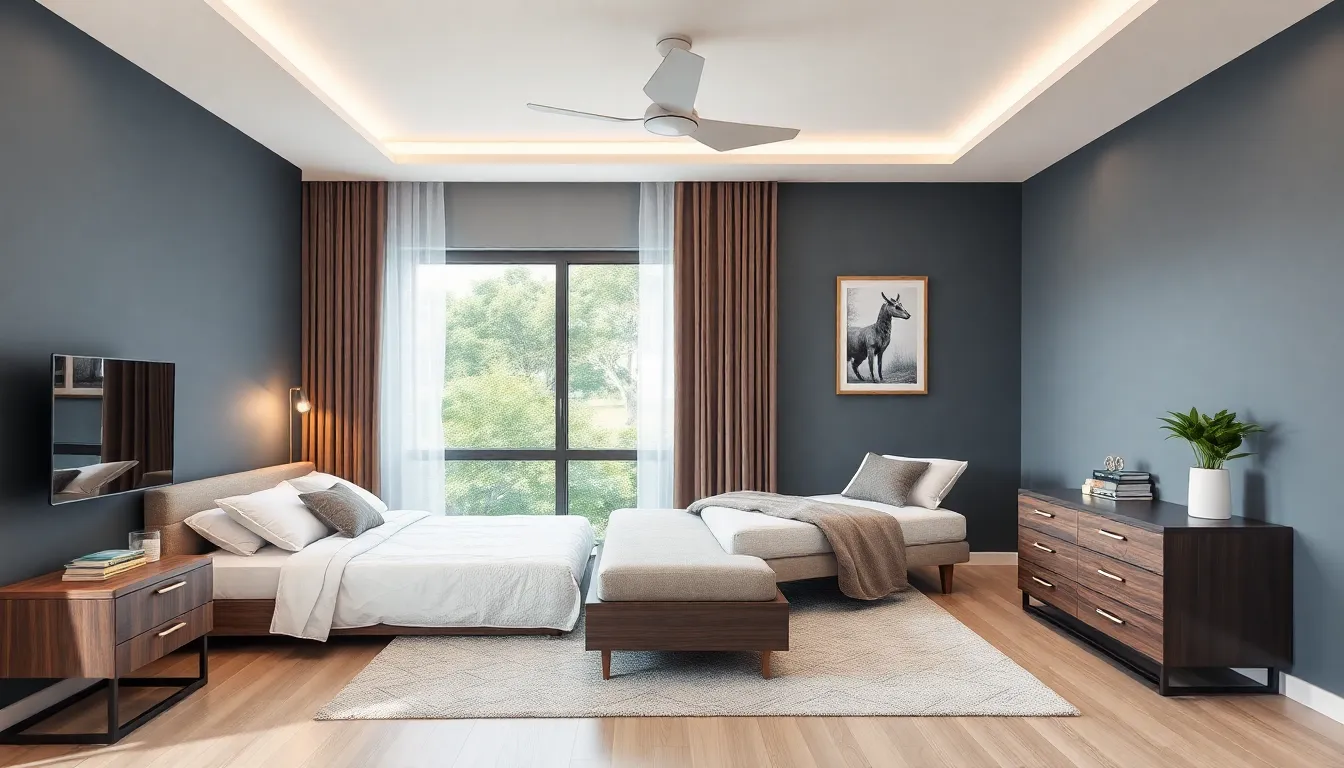 Quarto de casal moderno com decoração aconchegante.