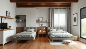 Quarto de casal com divisórias para filhos, decoração aconchegante.