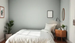 Quarto de casal econômico com base neutra, tecidos coordenados e iluminação aconchegante