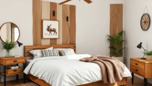 Quarto de casal rústico moderno com cama de madeira e decoração aconchegante.